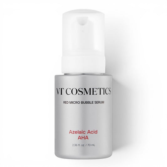 VT Cosmetics AZ AHA Red Micro Bubble Serum for acne-prone skin in a silver pump bottle from bareskin.lt