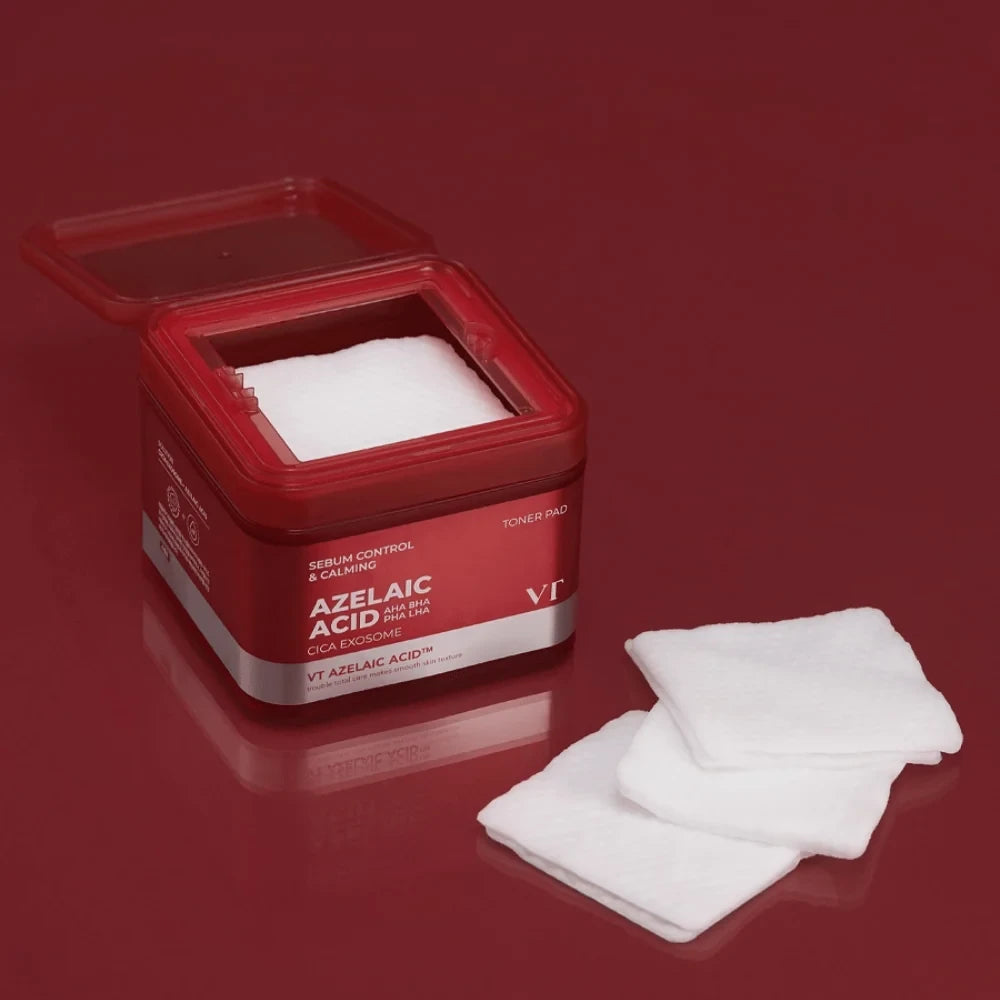 bareskin.lt VT Cosmetics AZ Care toner pads toniko padeliai su azelaino rūgštimi, CICA Exosome kompleksu ir švelnių rūgščių deriniu padeda palaikyti odos švarą bei tolygesnę išvaizdą