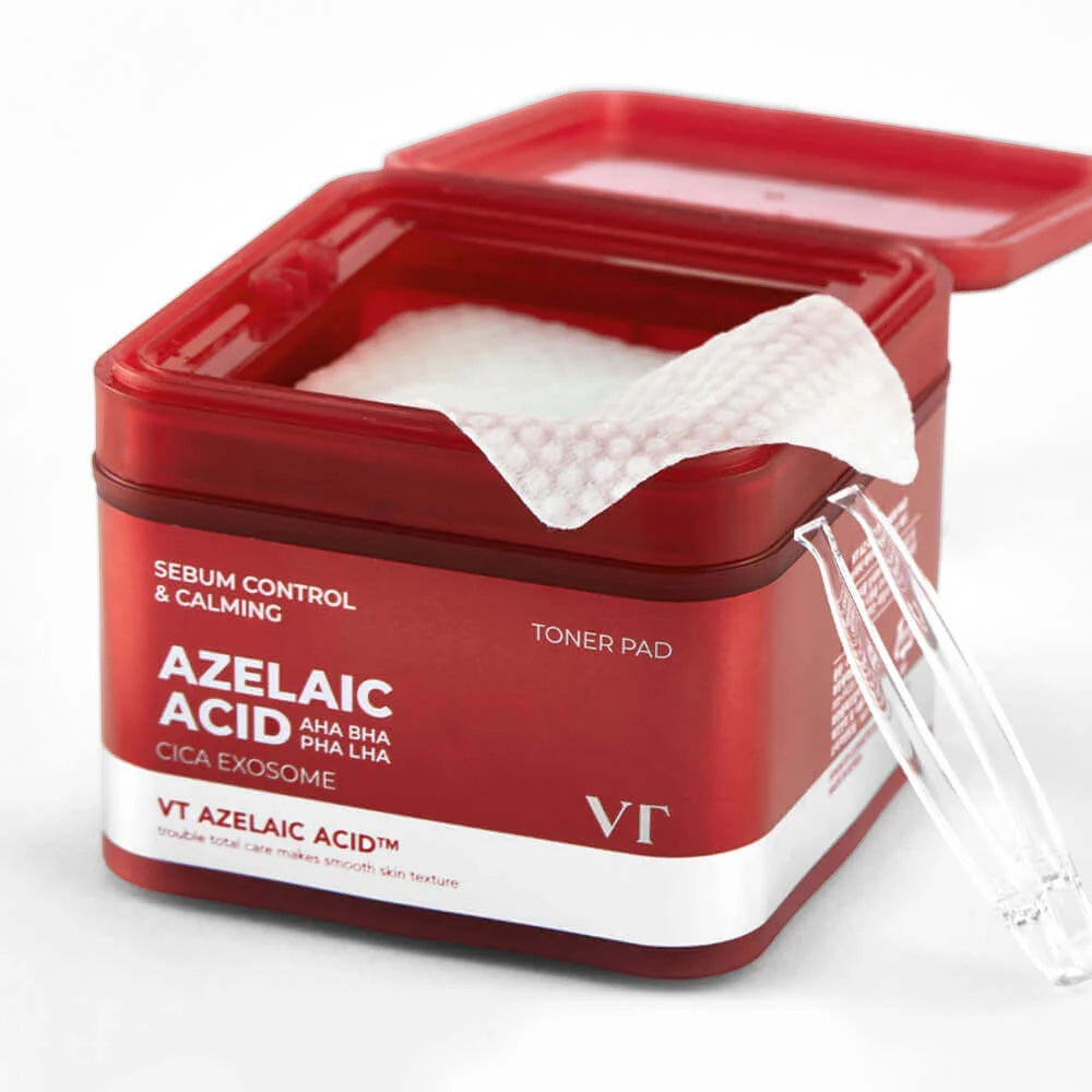 bareskin.lt VT Cosmetics AZ Care toner pads toniko padeliai su azelaino rūgštimi, CICA Exosome kompleksu ir švelnių rūgščių deriniu padeda palaikyti odos švarą bei tolygesnę išvaizdą