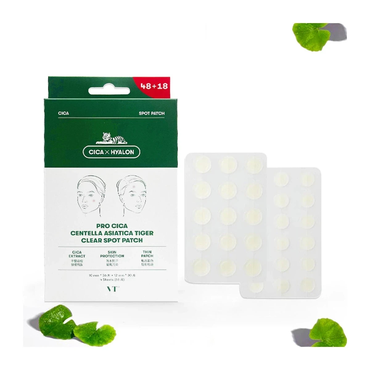 bareskin.lt VT Cosmetics Pro Cica Centella Asiatica Tiger Clear Spot Patch hidrokoloidiniai pleistrai, skirti lokaliai probleminių odos vietų ir spuogų priežiūrai