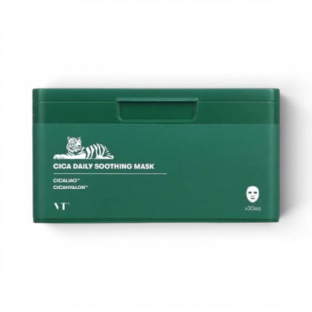 VT Cosmetics Cica Daily Soothing Mask 30-pack in a green dispenser box from bareskin.lt for hydrated, calm skin.