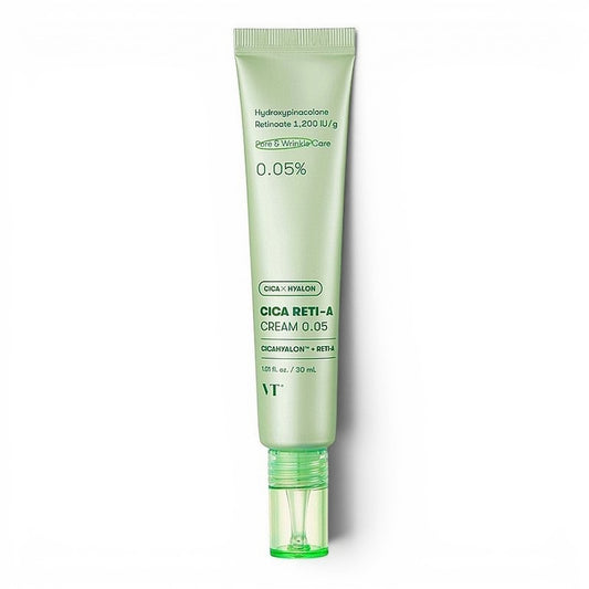 VT Cosmetics Cica Reti-A Cream 0.05 in a light green tube for pore and wrinkle care from bareskin.lt