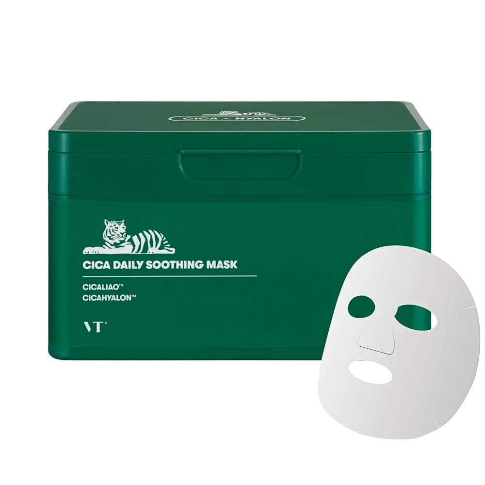 bareskin.lt VT Cosmetics Cica Daily Soothing Mask lakštinė kaukė, prisotinta esencija, kurioje yra VT patentuotų cica komponentų Cicaliao™ ir Cicahyalon™, suteikia intensyvų drėkinimą ir raminamąjį poveikį sausai ir įtemptai odai