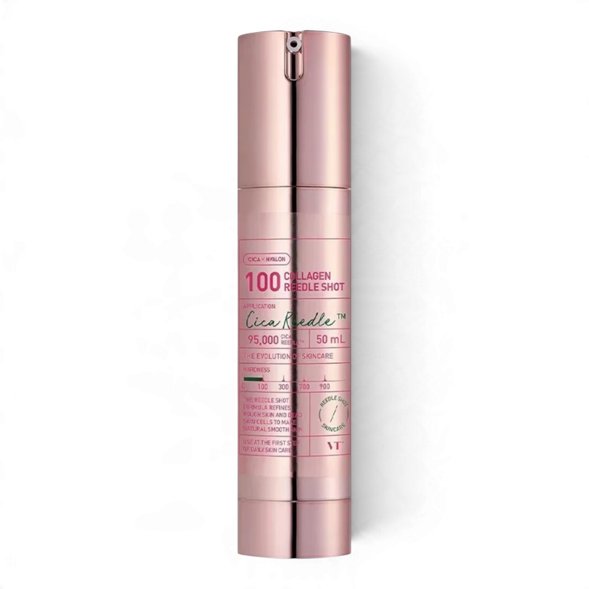 bareskin.lt VT Cosmetics Collagen Reedle Shot 100 ampoule ampulė su patentuotomis Cica Reedle™ mikrodalinėmis dalelėmis, sukurtomis iš mineralinės kilmės silicio mikrodalelių, švelniai stimuliuoja odos paviršių