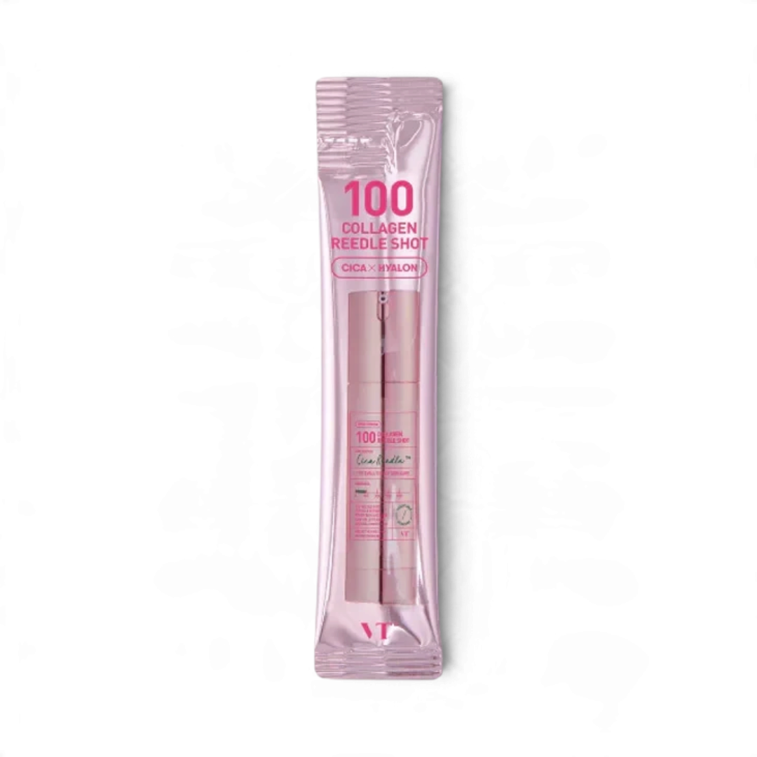 bareskin.lt VT Cosmetics Collagen Reedle Shot 100 ampoule ampulė su patentuotomis Cica Reedle™ mikrodalinėmis dalelėmis, sukurtomis iš mineralinės kilmės silicio mikrodalelių, švelniai stimuliuoja odos paviršių