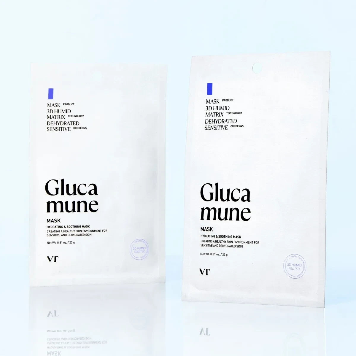 Two white VT Cosmetics Glucamune hydrating sheet mask packets from bareskin.lt for sensitive and dehydrated skin