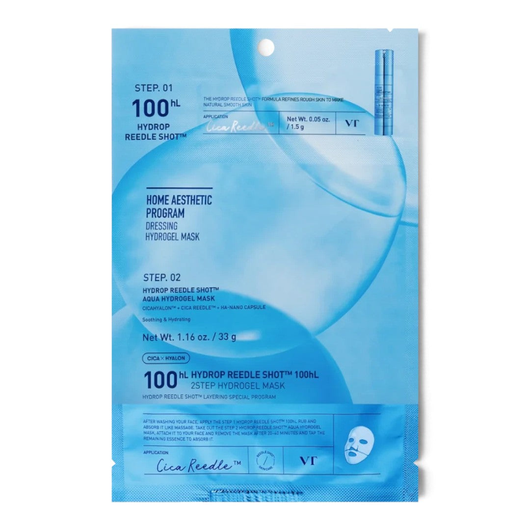 bareskin.lt VT Cosmetics Hydrop Reedle Shot 100hL 2-step hydrogel mask set in blue packaging for skin hydration.