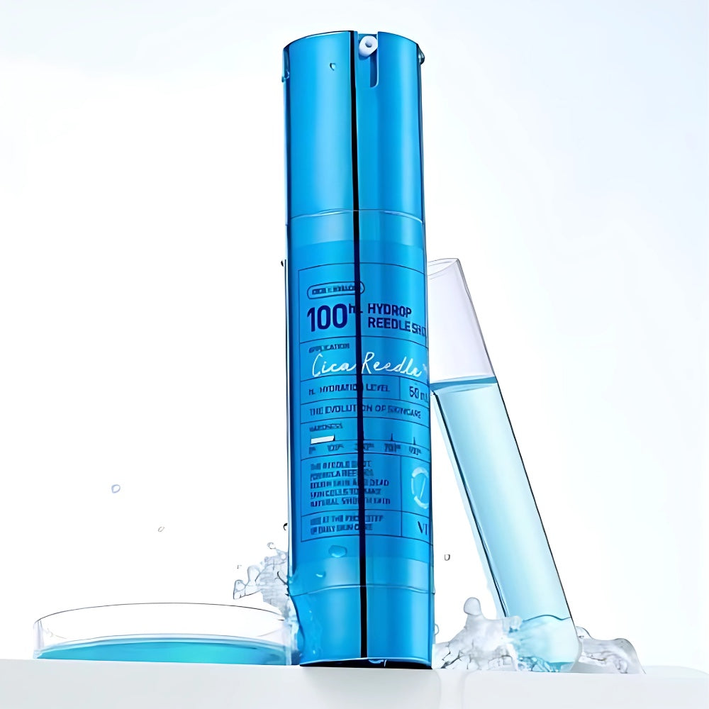 bareskin.lt VT cosmetics Hydrop Reedle Shot 100 ampoule ampulė su patentuotomis Cica Reedle™ mikrodalinėmis dalelėmis, sukurtomis iš mineralinės kilmės silicio, švelniai stimuliuoja odos paviršių