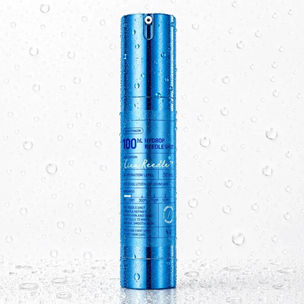 bareskin.lt VT cosmetics Hydrop Reedle Shot 100 ampoule ampulė su patentuotomis Cica Reedle™ mikrodalinėmis dalelėmis, sukurtomis iš mineralinės kilmės silicio, švelniai stimuliuoja odos paviršių