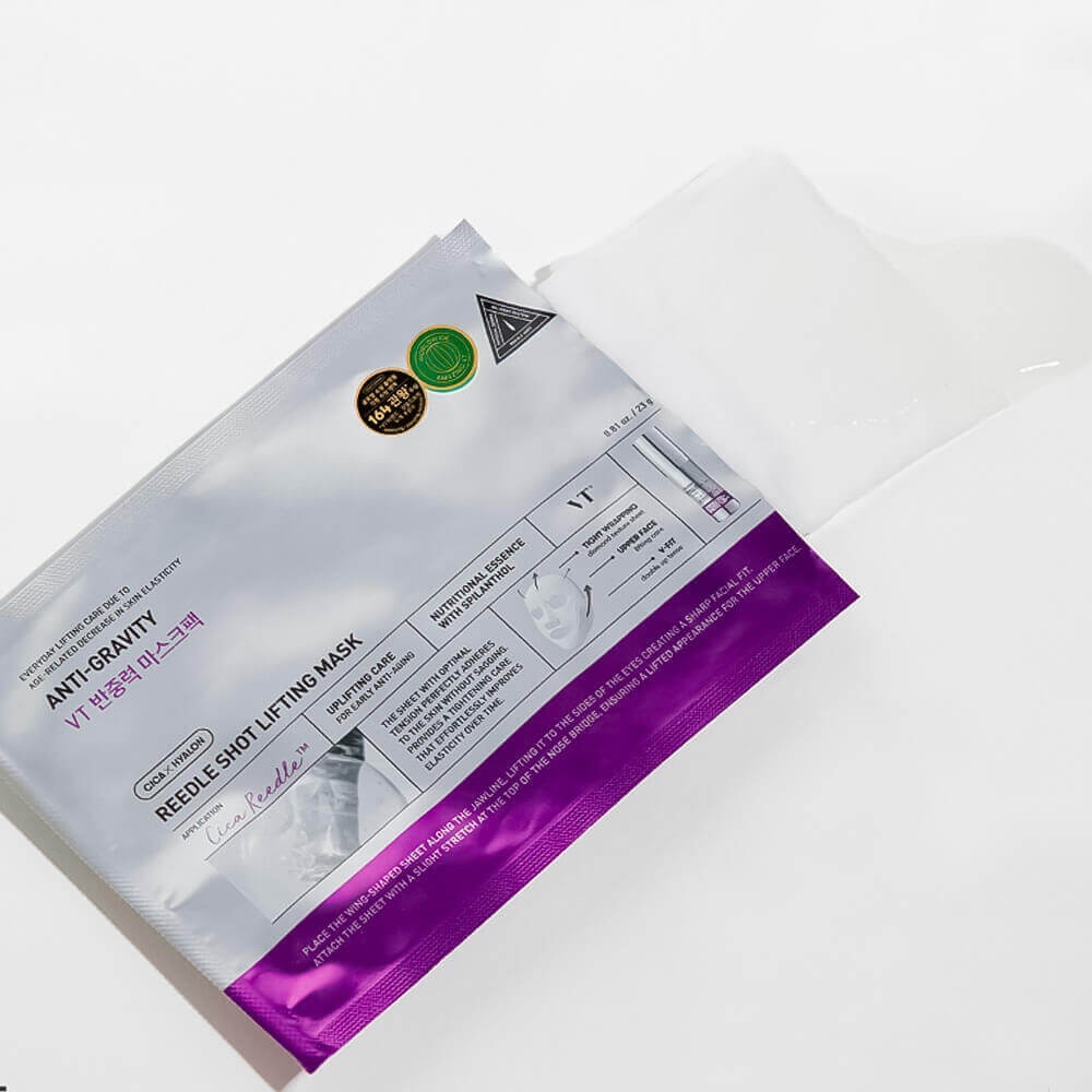 bareskin.lt VT Cosmetics Anti-Gravity Cica x Hyalon Reedle Shot lifting sheet mask lakštinė veido kaukė skirta odos drėgmės, komforto ir elastingumo pojūčio palaikymui
