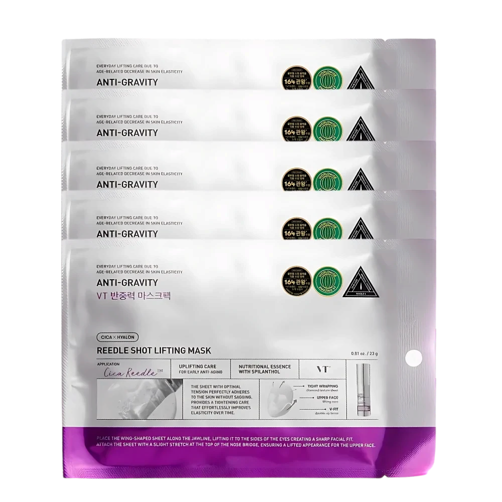 bareskin.lt VT Cosmetics Anti-Gravity Cica x Hyalon Reedle Shot lifting sheet mask lakštinė veido kaukė skirta odos drėgmės, komforto ir elastingumo pojūčio palaikymui