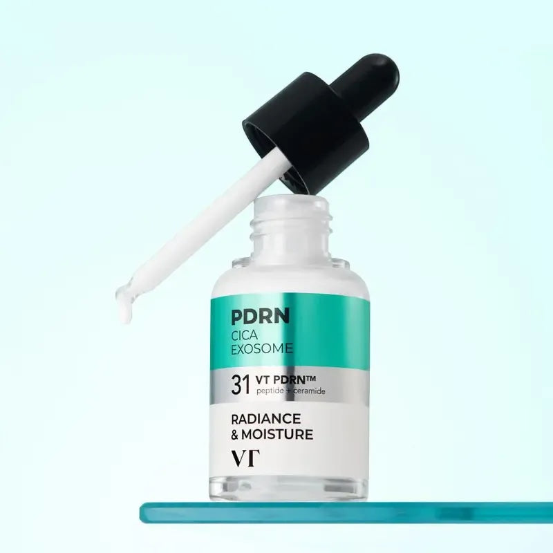 VT Cosmetics PDRN R5 Firming Ampoule from bareskin.lt with dropper, featuring peptides and ceramides for skin glow.