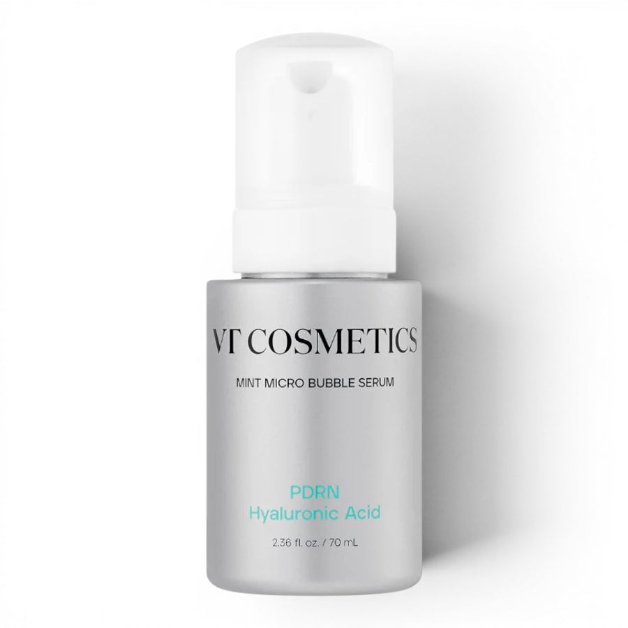 VT Cosmetics PDRN Hyaluronic Acid Micro Bubble Serum in a silver pump bottle from bareskin.lt