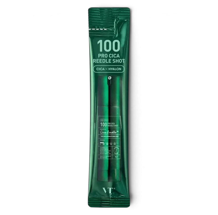 bareskin.lt VT Cosmetics Pro Cica Reedle Shot 100 ampoule ampulė su patentuotomis Cica Reedle™ mikrodalinėmis dalelėmis, sukurtomis iš mineralinės kilmės silicio, švelniai stimuliuoja odos paviršių