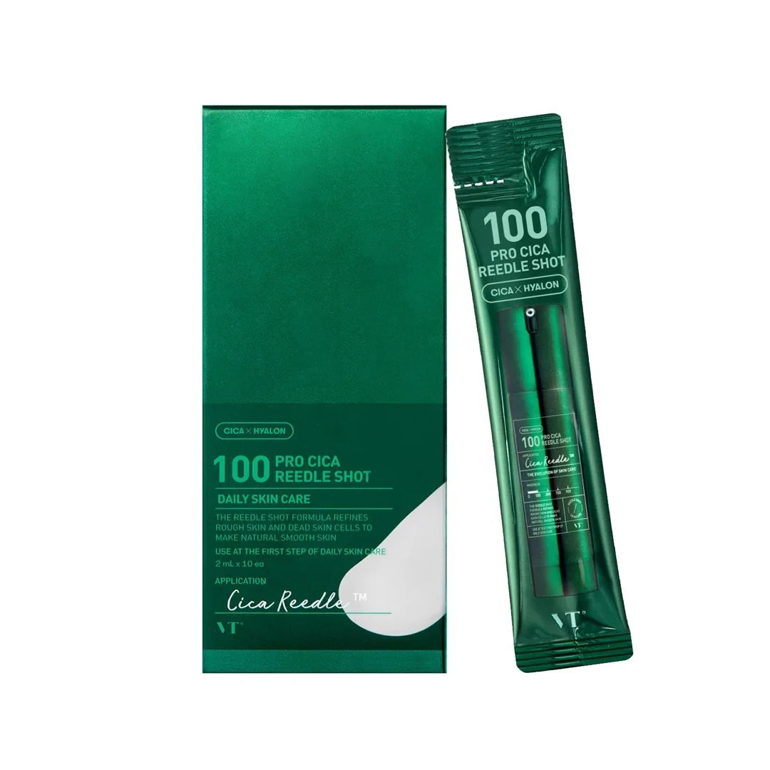 bareskin.lt VT Cosmetics Pro Cica Reedle Shot 100 ampoule ampulė su patentuotomis Cica Reedle™ mikrodalinėmis dalelėmis, sukurtomis iš mineralinės kilmės silicio, švelniai stimuliuoja odos paviršių
