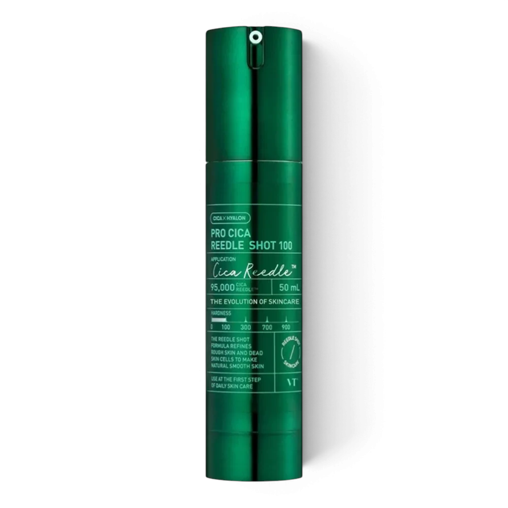 bareskin.lt VT Cosmetics Pro Cica Reedle Shot 100 ampoule ampulė su patentuotomis Cica Reedle™ mikrodalinėmis dalelėmis, sukurtomis iš mineralinės kilmės silicio, švelniai stimuliuoja odos paviršių