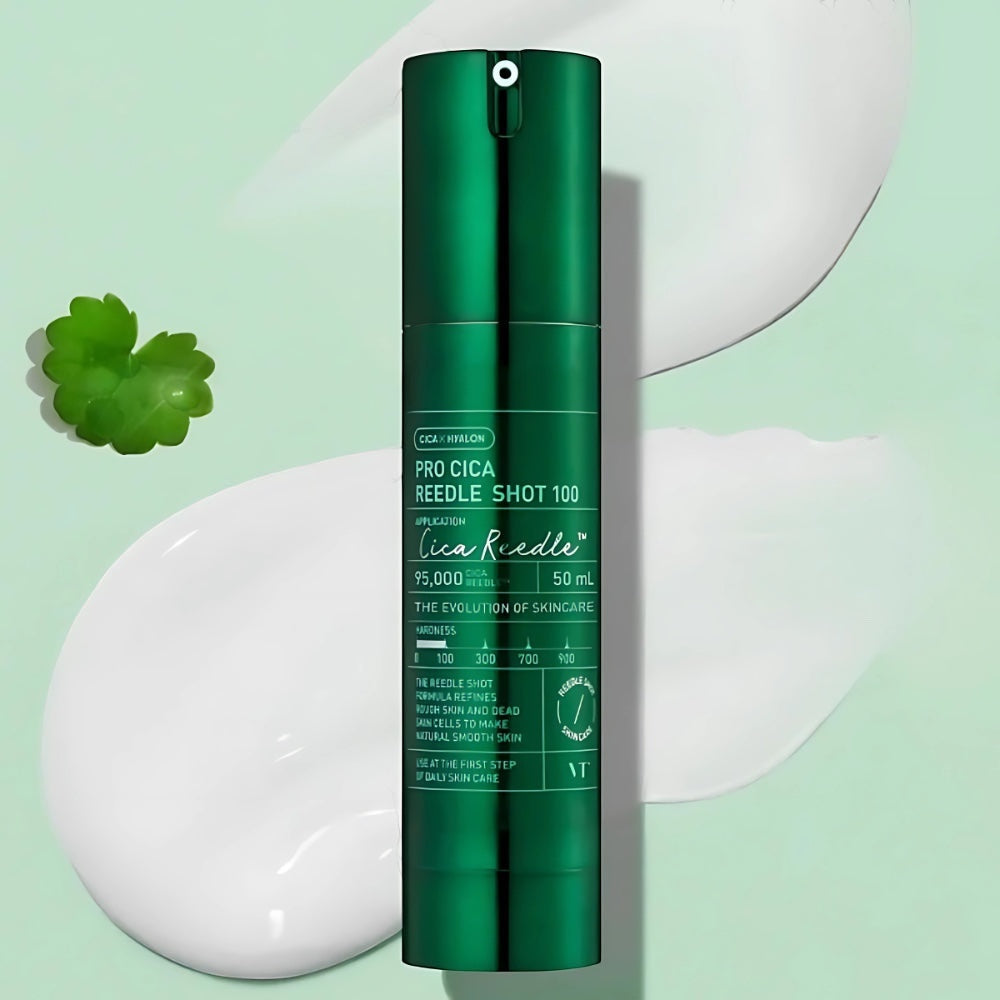 bareskin.lt VT Cosmetics Pro Cica Reedle Shot 100 ampoule ampulė su patentuotomis Cica Reedle™ mikrodalinėmis dalelėmis, sukurtomis iš mineralinės kilmės silicio, švelniai stimuliuoja odos paviršių