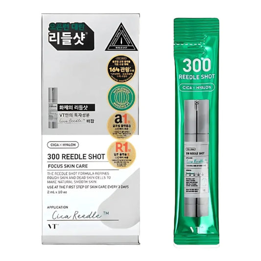 VT Cosmetics Reedle Shot 300 ampoule mini sachets and box from bareskin.lt for skin texture refinement.