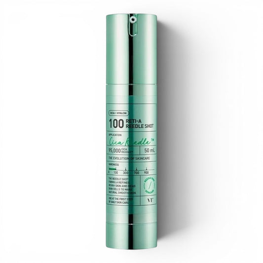 VT Cosmetics Reti-A Reedle Shot 100 ampoule in a metallic green pump bottle from bareskin.lt for skin texture renewal.