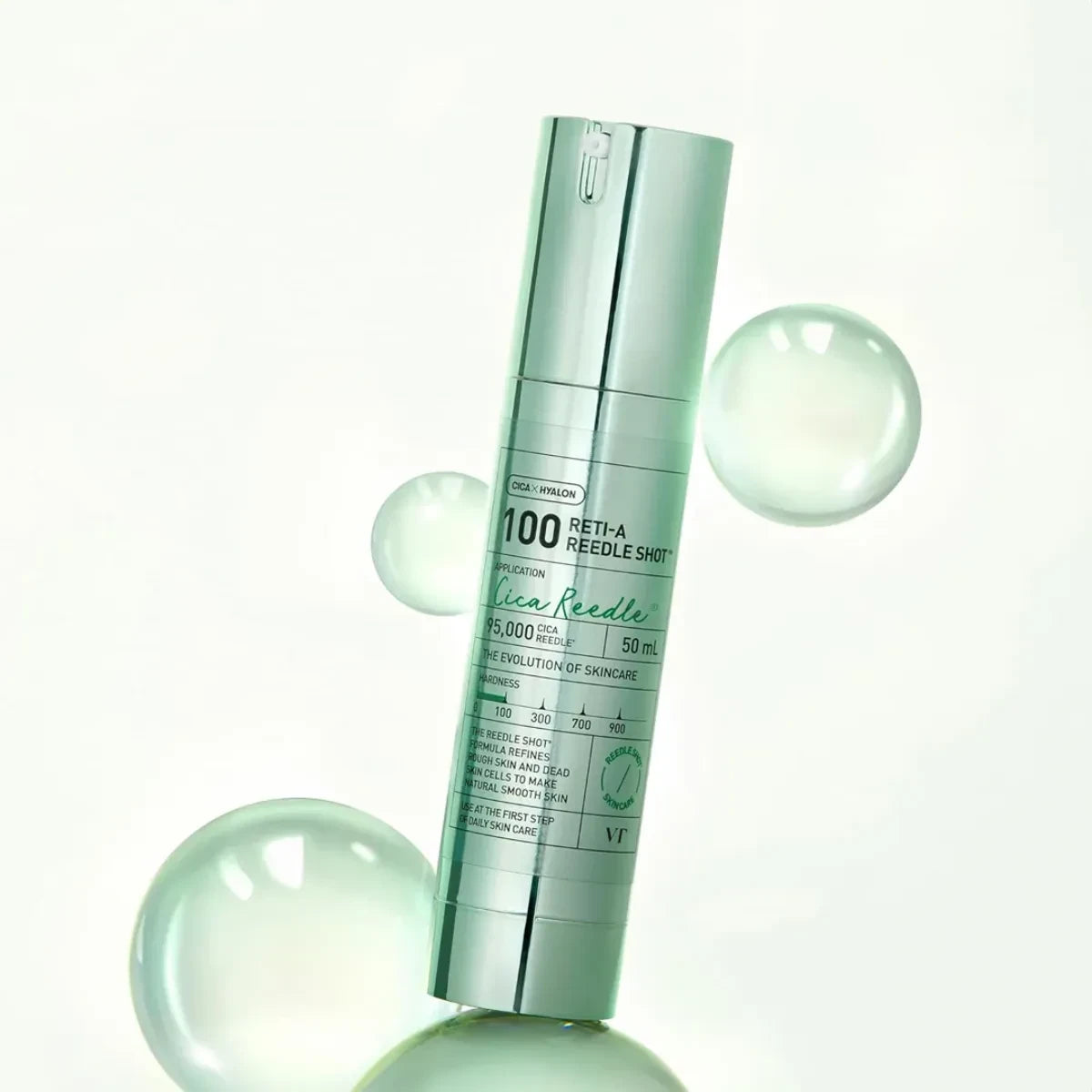 bareskin.lt VT Cosmetics Reti-A Reedle Shot 100 ampoule ampulė su patentuotomis Cica Reedle™ mikrodalinėmis dalelėmis, sukurtomis iš mineralinės kilmės silicio, švelniai stimuliuoja odos paviršių