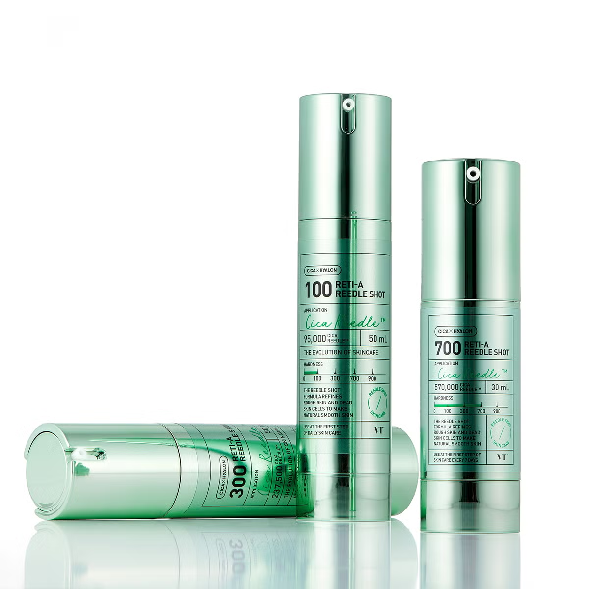 bareskin.lt VT Cosmetics Reti-A Reedle Shot 100 ampoule ampulė su patentuotomis Cica Reedle™ mikrodalinėmis dalelėmis, sukurtomis iš mineralinės kilmės silicio, švelniai stimuliuoja odos paviršių