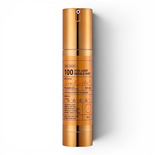 VT Cosmetics Vita-Light Reedle Shot 100 brightening ampoule in a gold 50ml pump bottle from bareskin.lt
