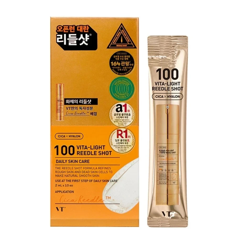 bareskin.lt VT Cosmetics Vita-Light Reedle Shot 100 brightening ampoule  ampulė su patentuotomis Cica Reedle™ mikrodalinėmis dalelėmis, sukurtomis iš mineralinės kilmės silicio, švelniai stimuliuoja odos paviršių
