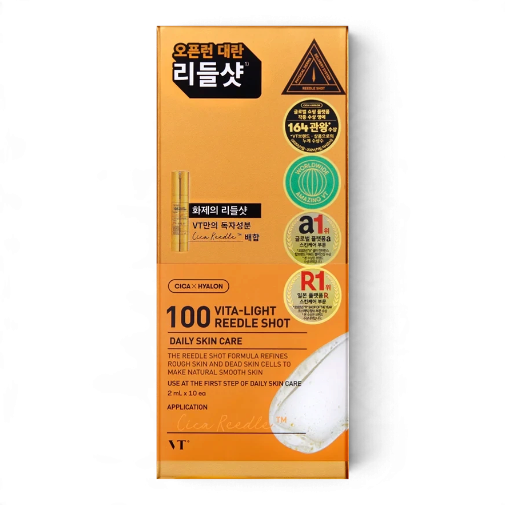 bareskin.lt VT Cosmetics Vita-Light Reedle Shot 100 brightening ampoule  ampulė su patentuotomis Cica Reedle™ mikrodalinėmis dalelėmis, sukurtomis iš mineralinės kilmės silicio, švelniai stimuliuoja odos paviršių