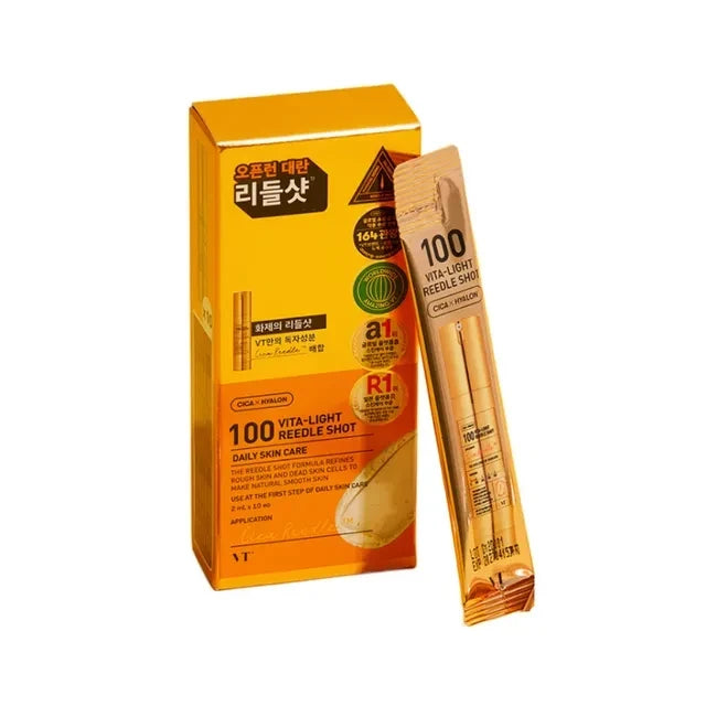 bareskin.lt VT Cosmetics Vita-Light Reedle Shot 100 brightening ampoule  ampulė su patentuotomis Cica Reedle™ mikrodalinėmis dalelėmis, sukurtomis iš mineralinės kilmės silicio, švelniai stimuliuoja odos paviršių