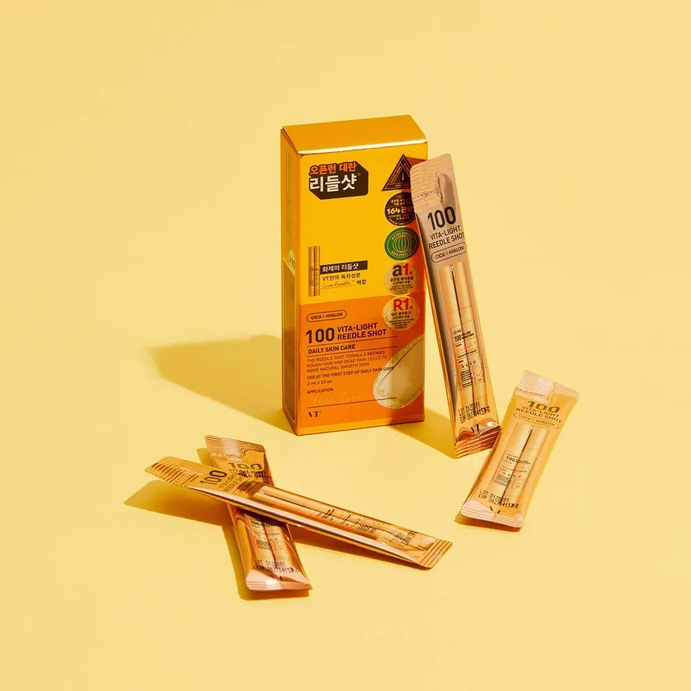 bareskin.lt VT Cosmetics Vita-Light Reedle Shot 100 brightening ampoule  ampulė su patentuotomis Cica Reedle™ mikrodalinėmis dalelėmis, sukurtomis iš mineralinės kilmės silicio, švelniai stimuliuoja odos paviršių