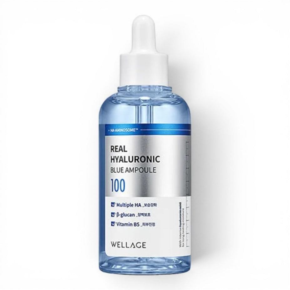 WELLAGE Real Hyaluronic Blue 100 Ampoule from bareskin.lt in a clear glass dropper bottle with blue hydrating serum.