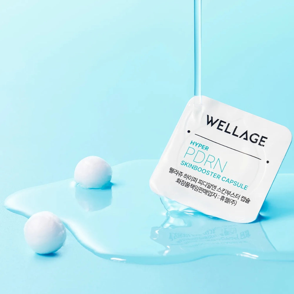WELLAGE Hyper PDRN Oneday kit by bareskin.lt featuring a freeze-dried skincare capsule and ampoule on blue background