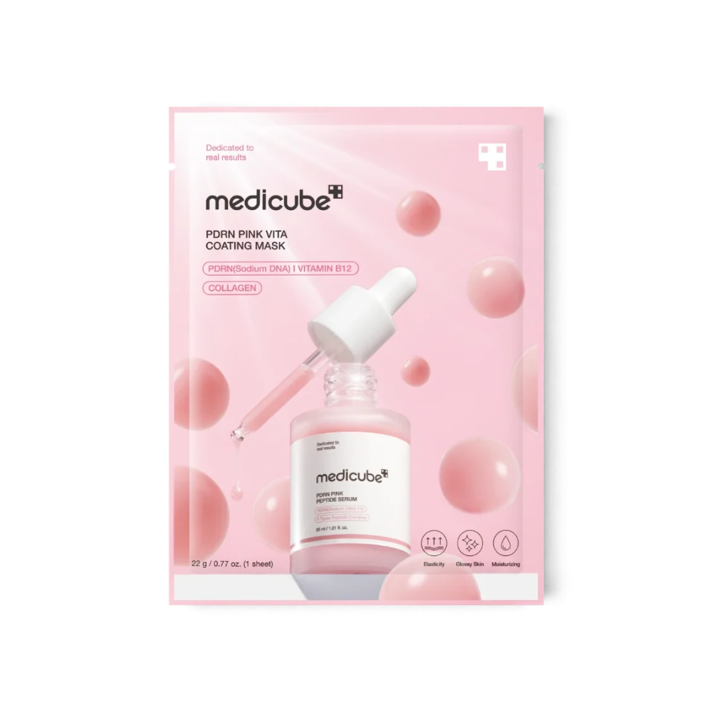 bareskin.lt Medicube PDRN Pink Vita Coating Mask veido kaukė su PDRN, vitaminu B12 ir kolagenu skirta nelygaus tono, papilkėjusios bei stangrumą praradusios odos priežiūrai