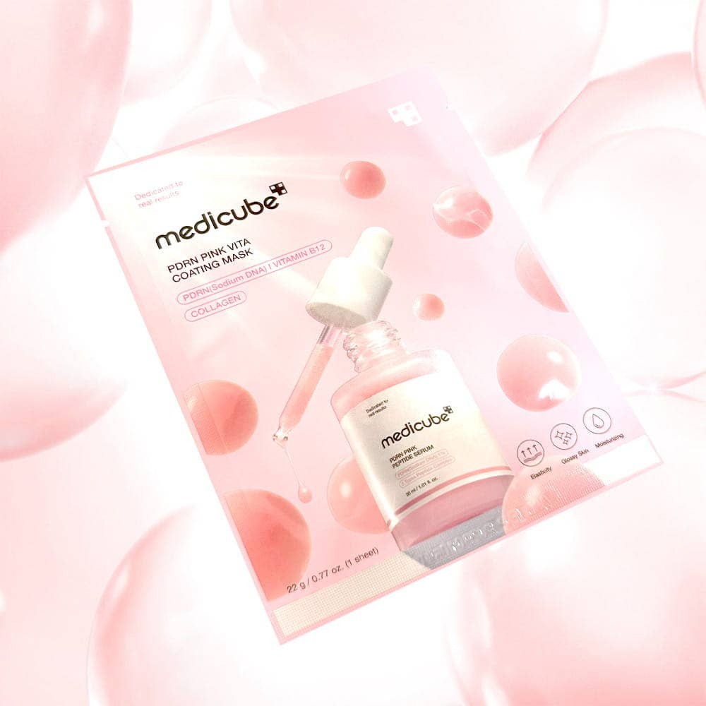 bareskin.lt Medicube PDRN Pink Vita Coating Mask veido kaukė su PDRN, vitaminu B12 ir kolagenu skirta nelygaus tono, papilkėjusios bei stangrumą praradusios odos priežiūrai