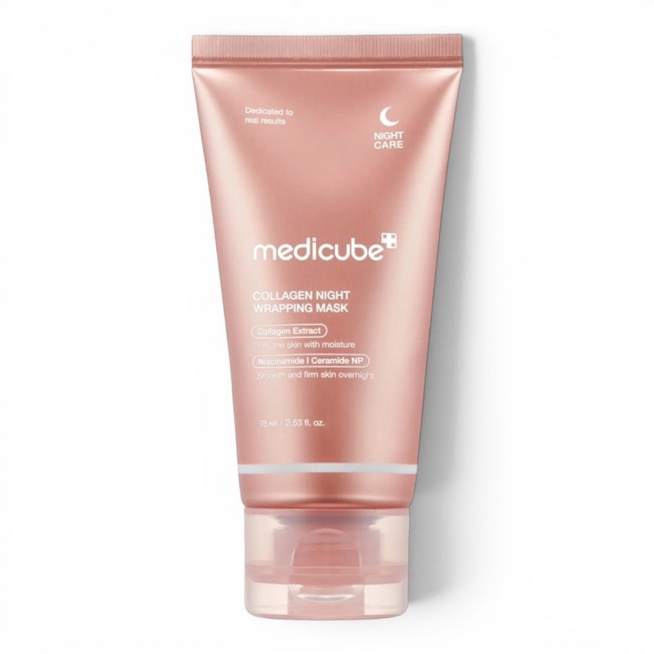 Medicube Collagen Night Wrapping Mask in a metallic rose gold tube, sold at bareskin.lt for firming and hydration.