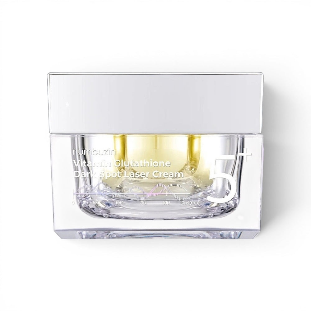 Numbuzin No.5+ Vitamin Glutathione Dark Spot Laser face cream in a clear jar from bareskin.lt for brightening skin.