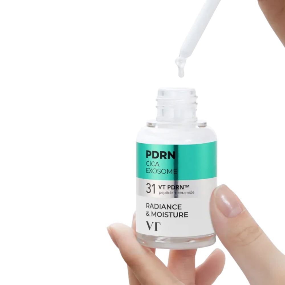 VT Cosmetics PDRN R5 Firming Ampoule by bareskin.lt with dropper, featuring peptides and cica for skin radiance.