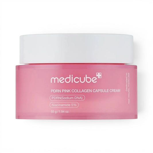 Medicube PDRN Pink Collagen Capsule Cream in a pink jar, available at bareskin.lt for firming and hydration.