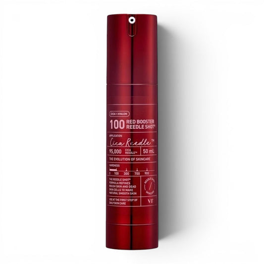 VT Cosmetics Red Booster Reedle Shot 100 ampoule in a metallic red pump bottle from bareskin.lt for skin texture.