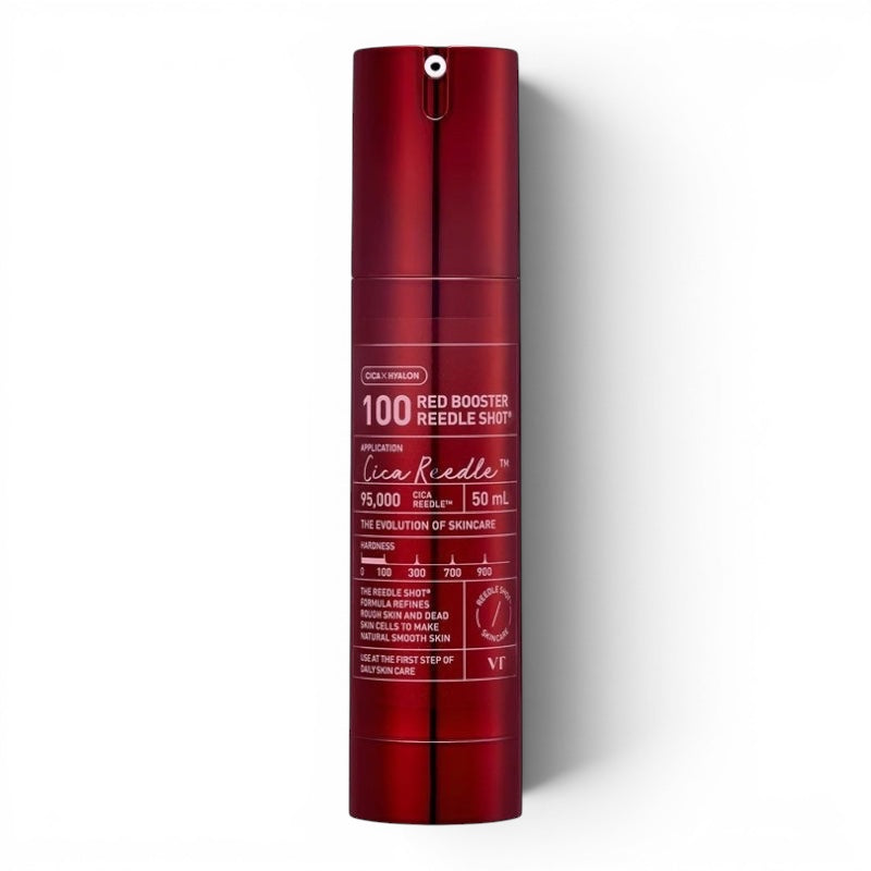 VT Cosmetics Red Booster Reedle Shot 100 ampoule in a metallic red pump bottle from bareskin.lt for skin texture.