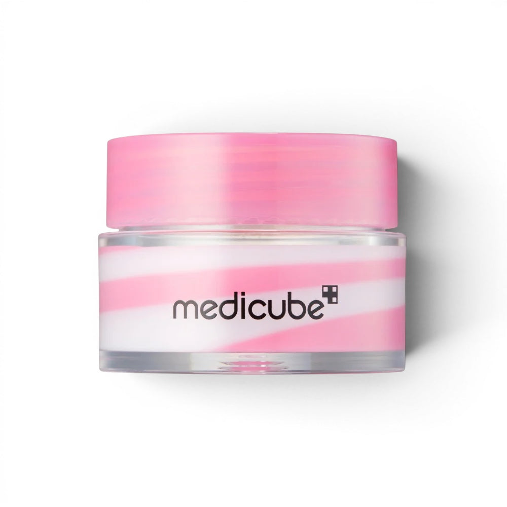 Medicube PDRN Lip Sleeping Mask in a pink and white striped jar, available at bareskin.lt for deep lip hydration.