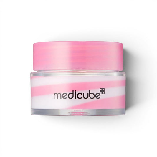 Medicube PDRN Lip Sleeping Mask in a pink and white striped jar, available at bareskin.lt for deep lip hydration.