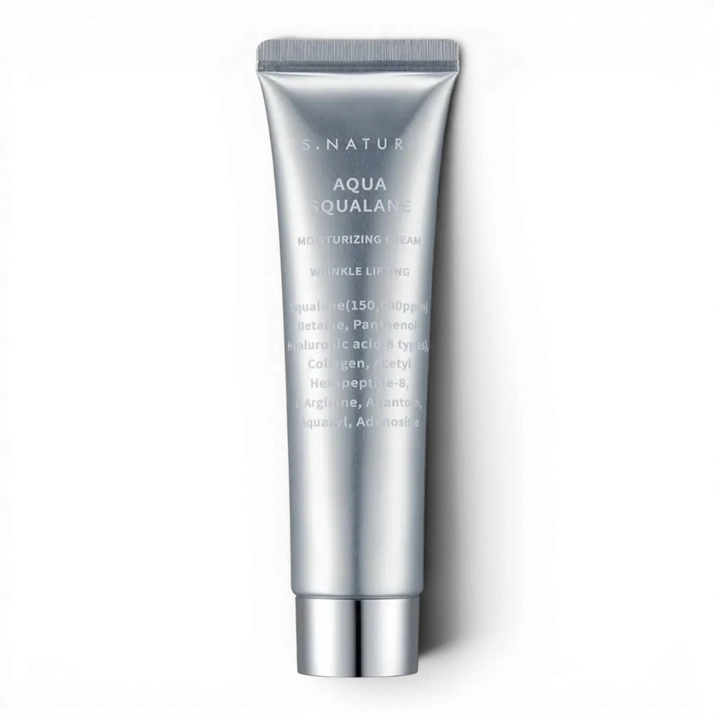 S.NATURE Aqua Squalane Moisturizing Cream from bareskin.lt in a silver tube for hydrated and smooth skin.