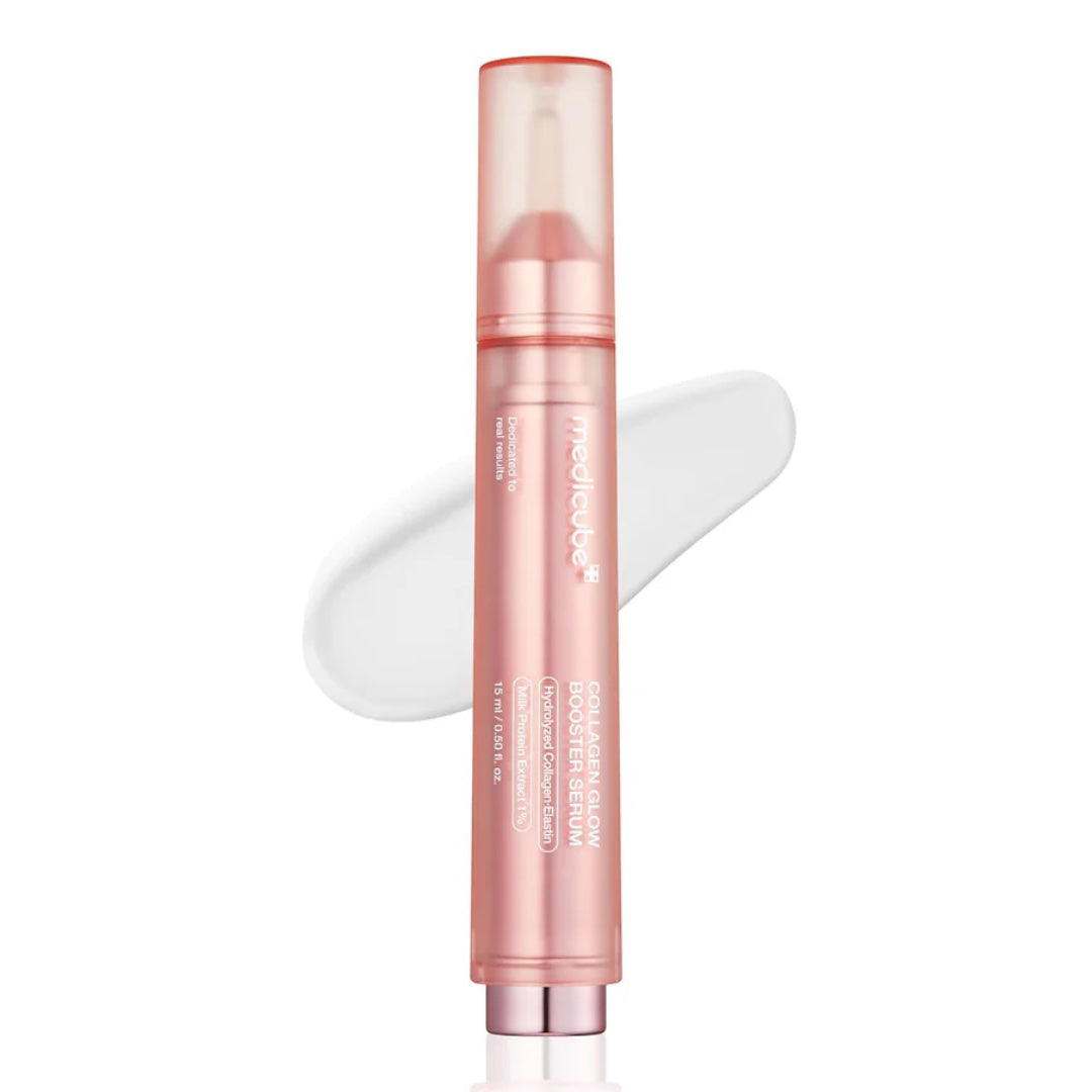 Medicube Collagen Glow Booster Serum in a pink tube with a white serum swatch, available at bareskin.lt