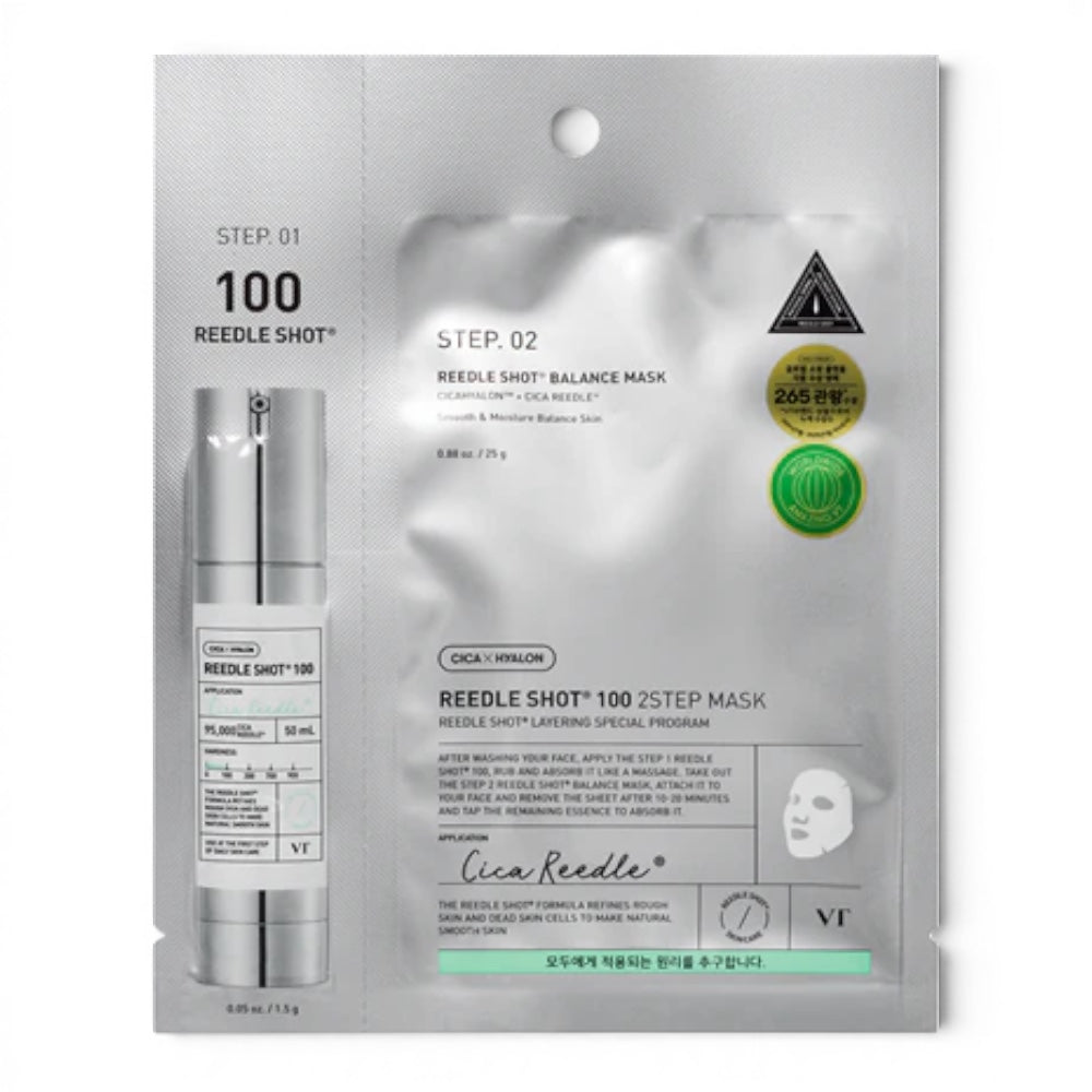 VT Cosmetics Reedle Shot 100 2 Step Mask set from bareskin.lt featuring an ampoule and a vegan sheet mask.