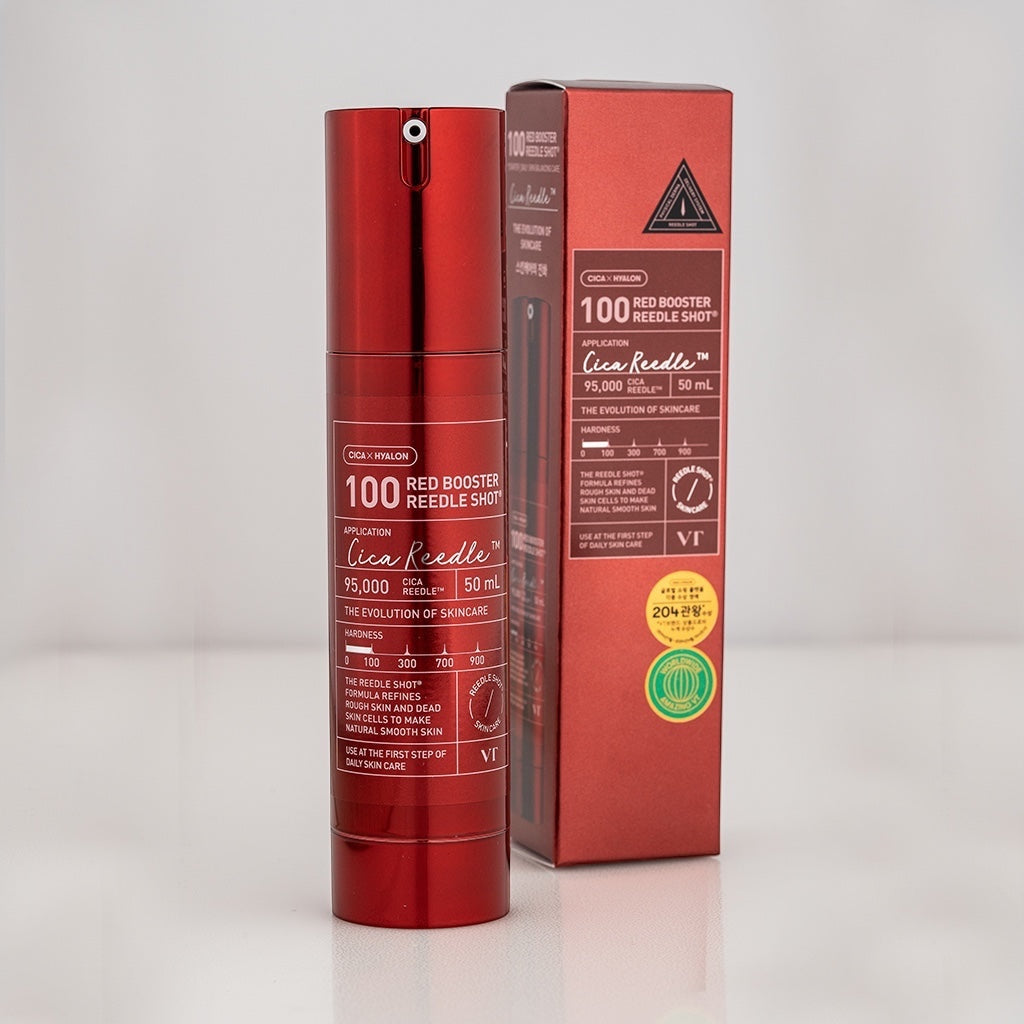 VT Cosmetics Red Booster Reedle Shot 100 ampoule and box from bareskin.lt for skin texture refinement and hydration.
