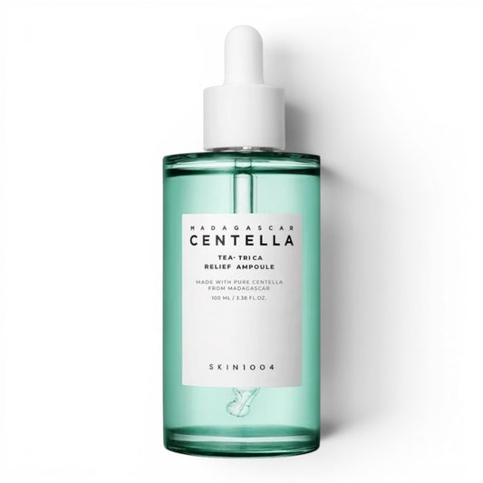 SKIN1004 Madagascar Centella Tea-Trica Relief Ampoule in a green glass bottle from bareskin.lt for acne-prone skin.