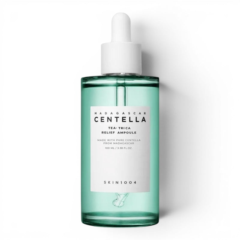 SKIN1004 Madagascar Centella Tea-Trica Relief Ampoule in a green glass bottle from bareskin.lt for acne-prone skin.