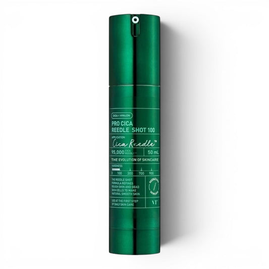 VT Cosmetics Pro Cica Reedle Shot 100 ampoule in a green pump bottle, available at bareskin.lt for skin brightening.