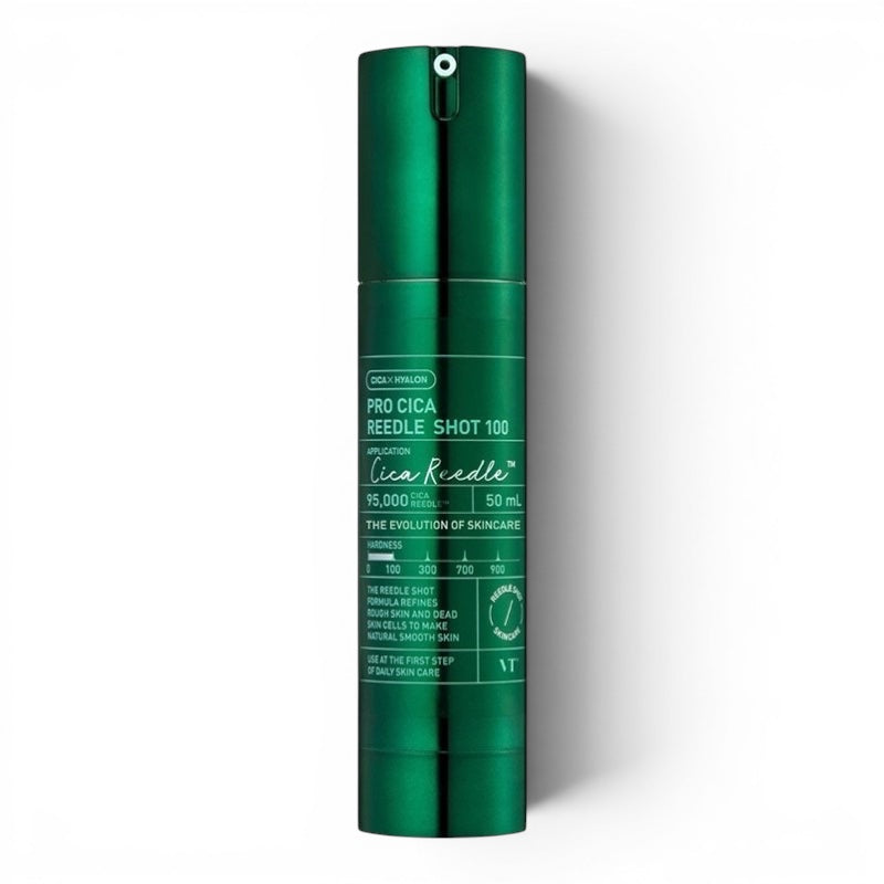 VT Cosmetics Pro Cica Reedle Shot 100 ampoule in a green pump bottle, available at bareskin.lt for skin brightening.